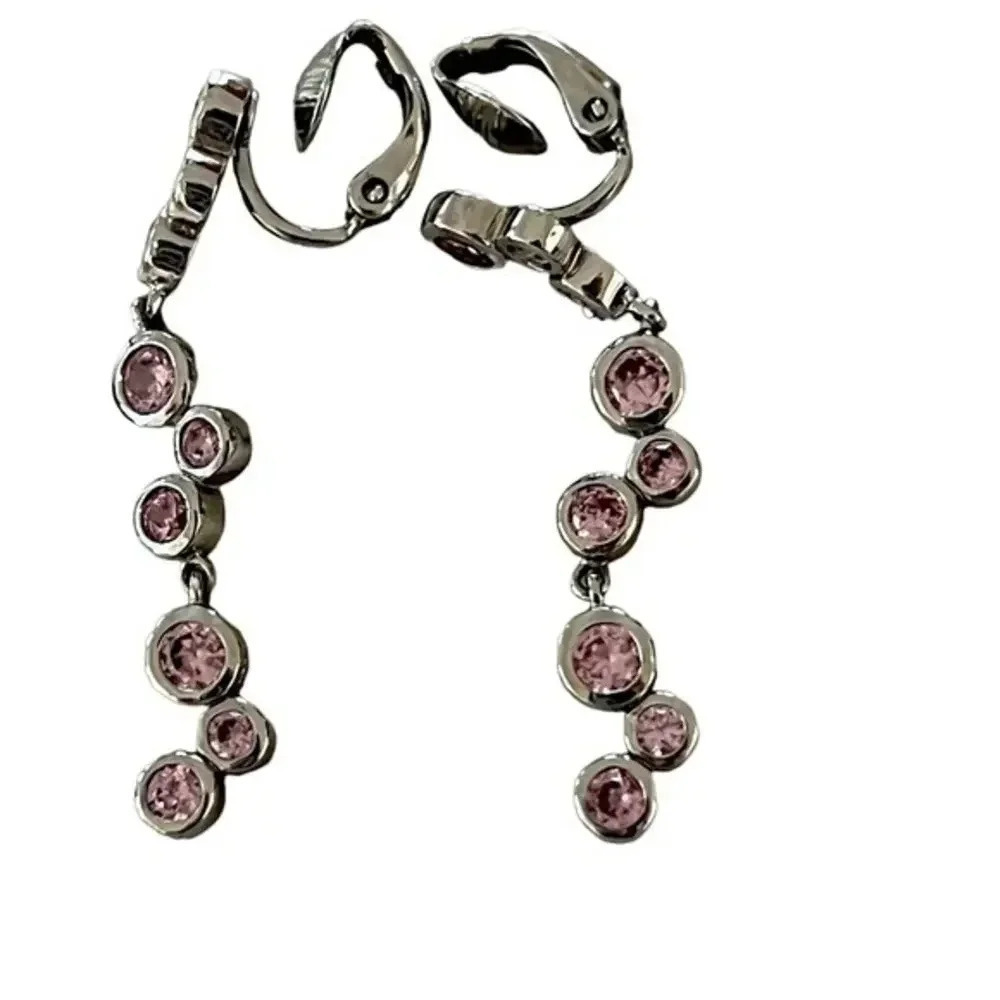 Pink Tourmaline Bezel Set Silver‎ Tone Dangle Clip Earrings